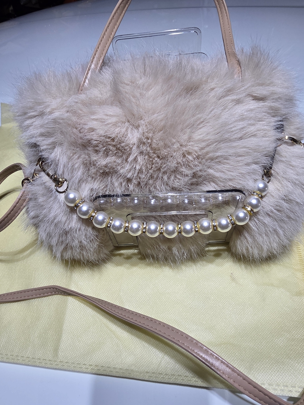 Source Unknown Beige Faux Fur Crossbody with Pearl Chain